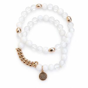 Signed Girl Boss 2 Bracelet Set Gold Tone Metal White Marbled Beads Stretchy 7"